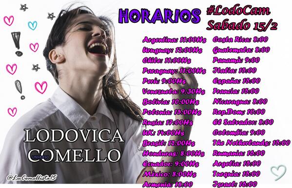 TeamLodoLaliUru's tweet photo. Nuevamente los horarios de la #LodoCam por si no lo saben! Fijate la hora en tu pais! IMPERDIBLE! @lodocomello ♥♥ http://t.co/ZJSpA2opDl