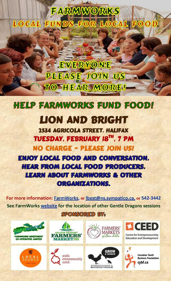 Hey #Halifax we're helping <a href="/FoodGrowsHere/">FarmWorks Co-op</a> promo their org, come on Tuesday to learn how to keep $$ in NS in food biz.