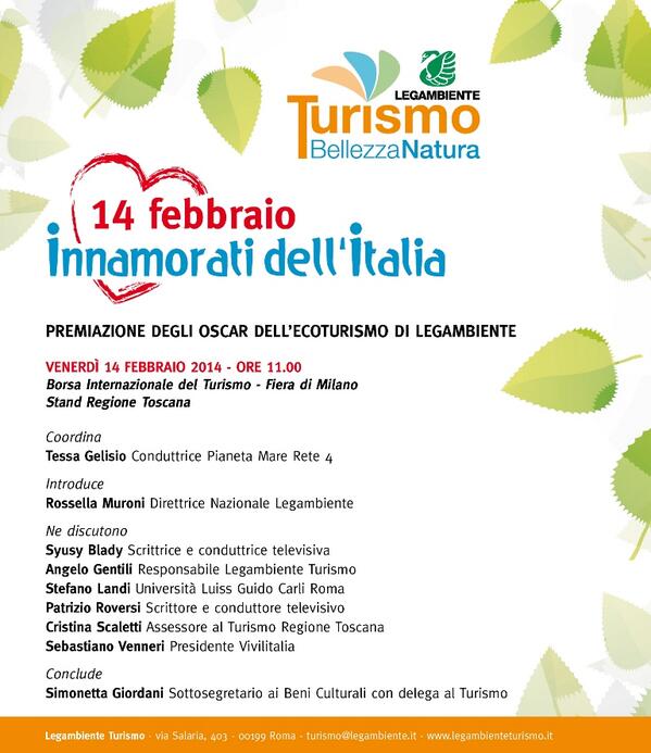 Festambiente's tweet photo. #Turismo sostenibile? Dove andare? Domani la premiazione delle migliori strutture italiane premiate da @legambiente. http://t.co/h7vwsAEZJR