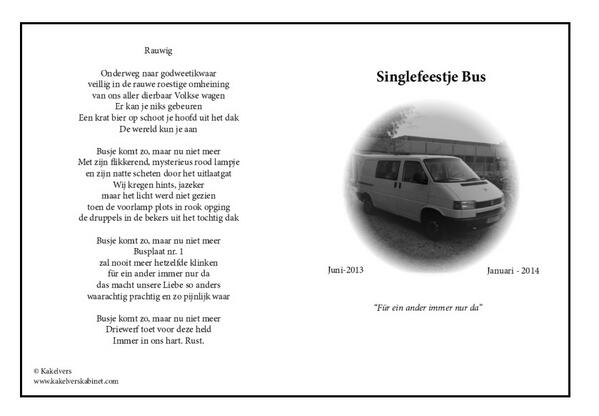 Het busje van <a href="/singlefeestje/">Singlefeestje</a> ging kapot. Voor hen maakten wij de tekst 'Rauwig'.Dag busje.Für ein ander immer nur da.