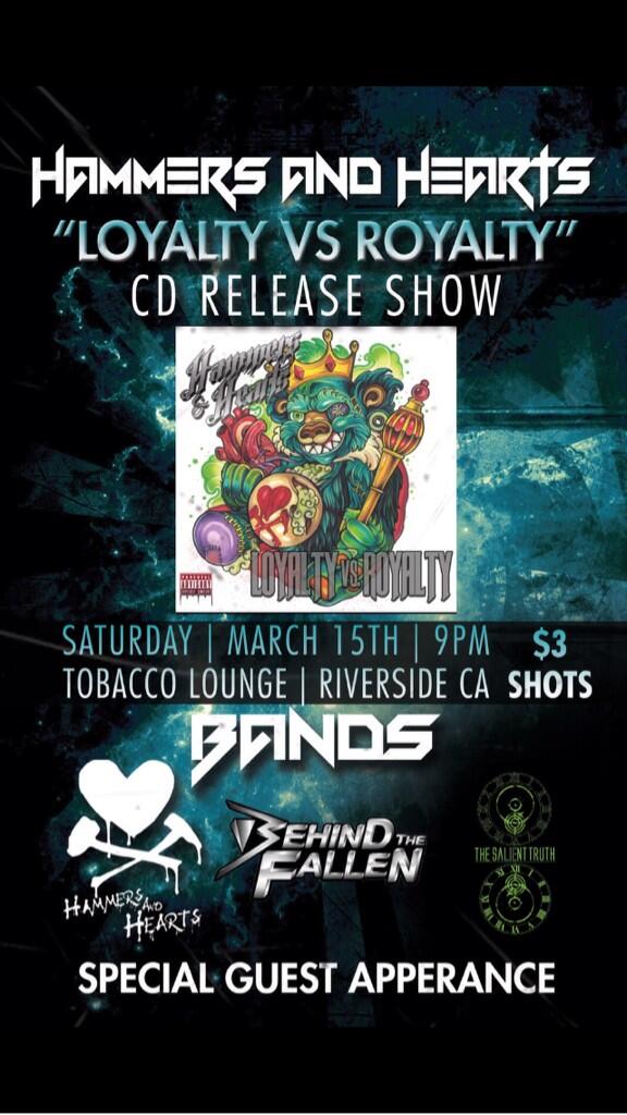 HandHMusic's tweet image. Sat 3/15 #hammersandhearts cd release for #loyaltyvsroyalty at tobacco lounge in riverside ca! #music #love #retweet