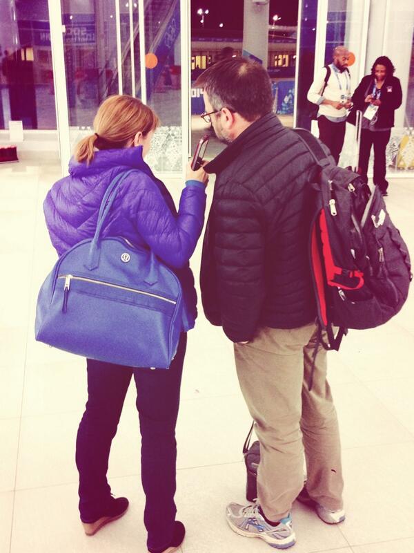 Sonari's tweet image. We made it folks! #nprsochi Robert and Tamara listening to their piece on @npratc #nprlife