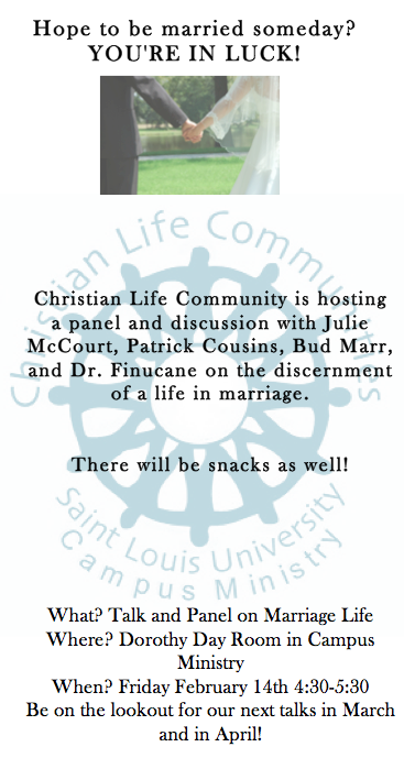 Marriage Panel tomorrow in Campus Ministry 4:30 to 5:30 pm! Spread the word! #clc #christianlifecommunities #marriage