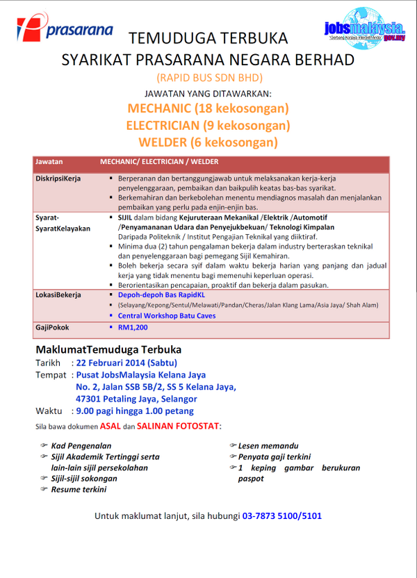 JobsMY_KJ's tweet photo. Temuduga Terbuka Anjuran JMC Kelana Jaya bersama Syarikat Prasarana Negara Berhad 22 Februari 2014 http://t.co/6W5tpxu1no