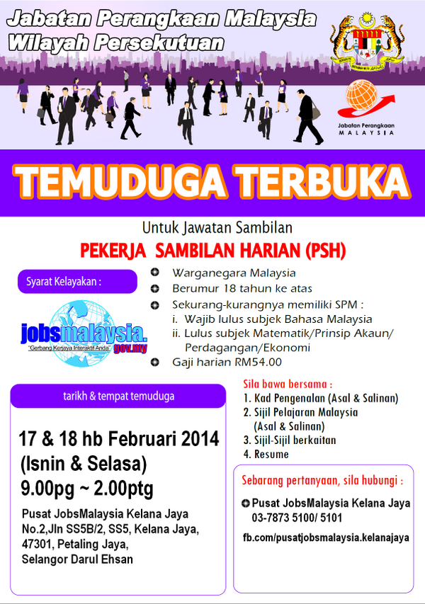 JobsMY_KJ's tweet photo. Temuduga Terbuka Anjuran JMC Kelana Jaya bersama Jabatan Perangkaan Malaysia Wilayah Persekutuan 17&amp;18 Februari 2014 http://t.co/GT4czFLGEd