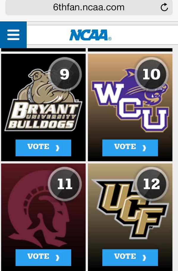 UCFKnights's tweet image. Heads up! Time for a late-night surge up the rankings. 

RT this, tweet #UCF #6thFan + vote 6thfan.ncaa.com