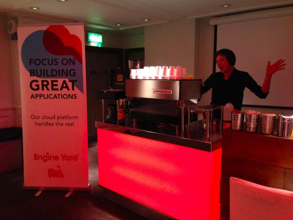engineyard's tweet photo. Need your coffee fix at #phpuk14? Come on down to the Cloud Bar for free espresso drinks and cloud expertise! http://t.co/Xwt1pZWLlk
