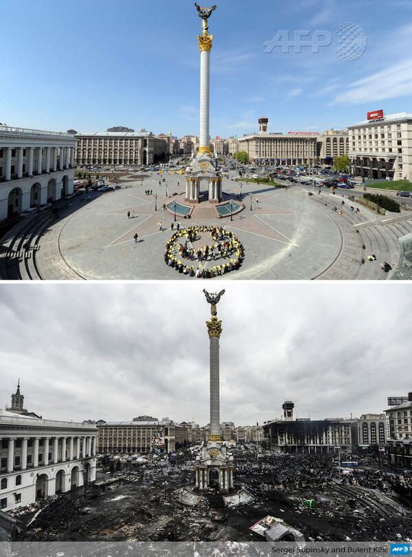BuzzFeed's tweet photo. From @AFP: Kiev's Independence Square in 2009 -- and yesterday http://t.co/NmWEo0pBEs