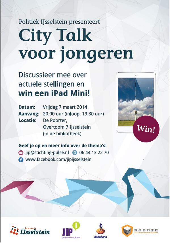 7 maart Citytalk voor jongeren in #IJsselstein i.s.m.<a href="/JIPIJsselstein/">JIP IJsselstein</a> ! Discussieer mee en maak kans op een Ipad mini!
