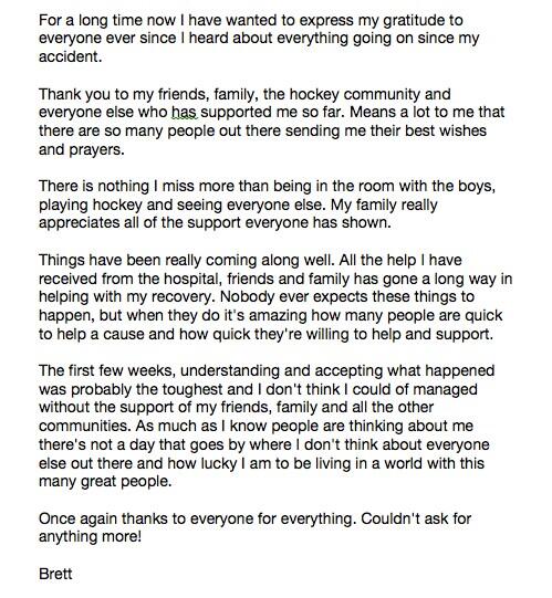 BrettNugent15's tweet photo. Message of appreciation from Brett: http://t.co/scuTWDAWTY