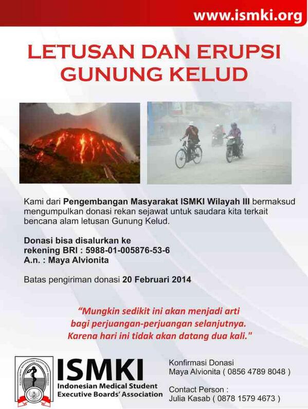 Ayo donasi utk korban gunung kelud, bantuan sekecil mungkin akan berarti cc: <a href="/oragastra/">Pend Dokter UNS 12</a> <a href="/HMPDFKUNS/">HMPD FK UNS</a>