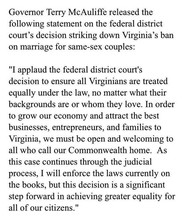 ryanobles's tweet photo. JUST IN: Gov. @TerryMcAuliffe issues statement "applauding" #GayMarriageVA decision. http://t.co/HuhS8N9MFB
