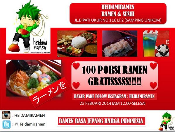 Beuh RT <a href="/Kuliner_Bandung/">Kuliner Bandung</a>: BESOK! di <a href="/HeidamiRamen/">HeidamiRamen</a> Jl.Dipatiukur 116, Lt.2(Samping Unikom) Ada 100 Porsi Ramen GRATIS!