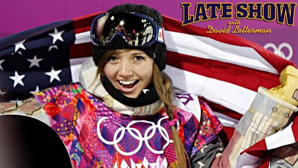 Letterman's tweet image. THURSDAY: U.S. #Olympic gold medal-winning snowboarder @KaitlynFarr joins Dave on #LateShow. 11:35|10:35c. #halfpipe