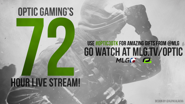 DoctorAlpaca's tweet photo. LIVE! @OpTicGaming 72 hour livestream at http://t.co/EpLGl8mGW3 and use #OpTic3DTK to win amazing gifts! @optich3cz http://t.co/FPsPX3u2XV