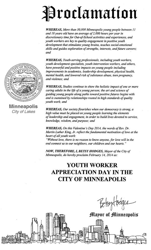 MNYouth's tweet photo. Happy Youth Worker Appreciation Day!! By proclamation of Mpls Mayor Hodges!! http://t.co/V8Q0uI4Nl0