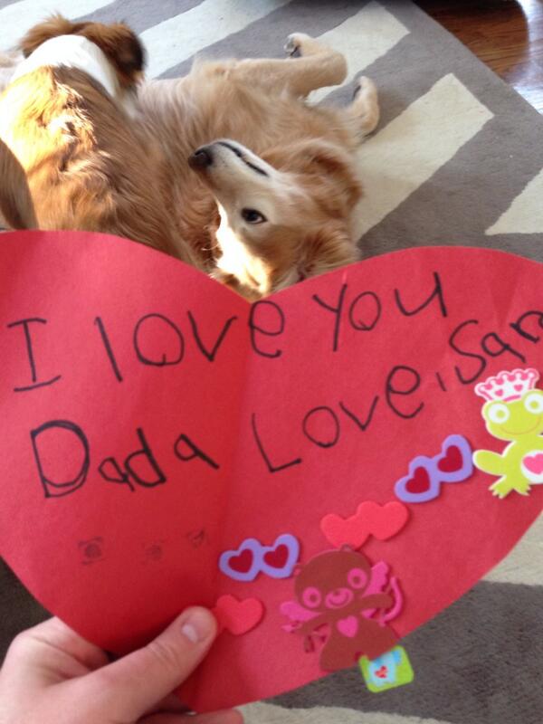 My girls are growing up, Sam made a Valentines card & HID it under her bed until today! #dogphotobomb
