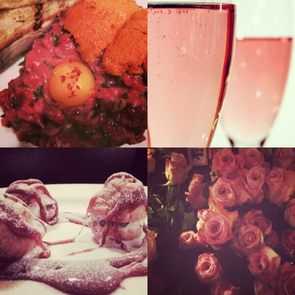 Specials for #ValentinesDay: rosé Champagne, dry aged beef tartare w quail egg, foie gras profiteroles by @chef_amar