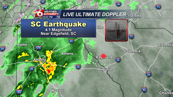 WPSDLocal6's tweet photo. Just now: Magnitude 4.1 earthquake registered near Edgefield, SC. Felt in Augusta, Atlanta, Columbia. - JRukavina http://t.co/LVKy9aD2Cp