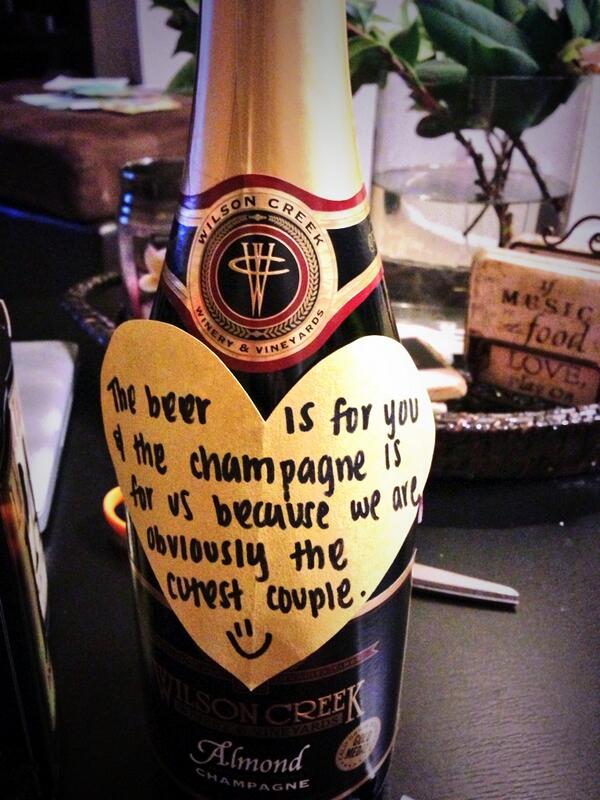 The beer was for her & the champagne is for us to share! 👍👯😄 #vday #almondchampagne @Wilson_Creek #besties