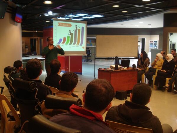Wikilogia's tweet photo. Ziad Wattar from @GamePowerSeven speaks about presentation skills in the @SW_Damascus bootcamp! http://t.co/rH96FlX87O
