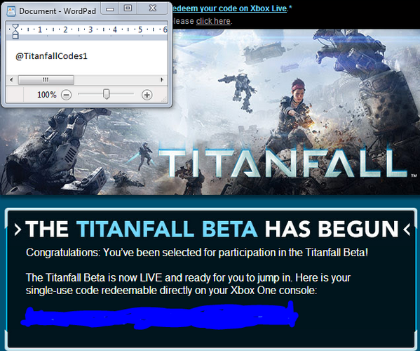 TitanfallCodes1's tweet photo. Titanfall beta code xbox simply sub to http://t.co/hQLqVVIYbJ and RT to enter! #TitanfallBeta #titanfallbetagiveaway http://t.co/uQ6pXSz26I