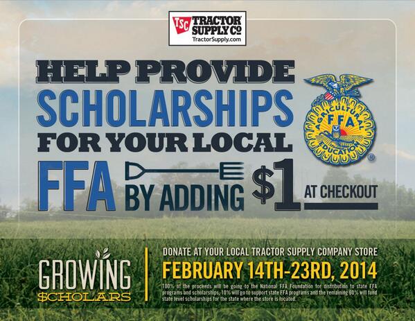 NationalFFA's tweet photo. Tell your friends! Add $1 at checkout @TractorSupply during #FFAweek to support #FFA! http://t.co/XSvrRtEPbo