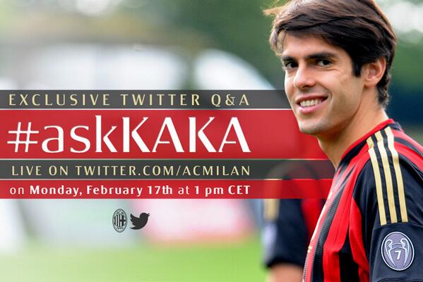 acmilan's tweet image. Segunda-feira às 13:00 CET o nosso Ricky Kaka espera por você no @acmilan, para responder às suas perguntas #askKAKA