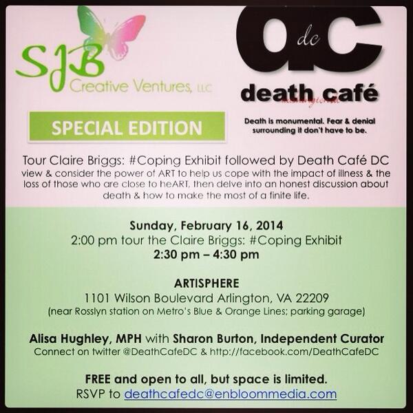DeathCafeDC's tweet photo. About 2 hrs until #DeathCafe DC TODAY @Artisphere (Arlington, VA) Hope to see you there. http://t.co/GzbCdWbBwt