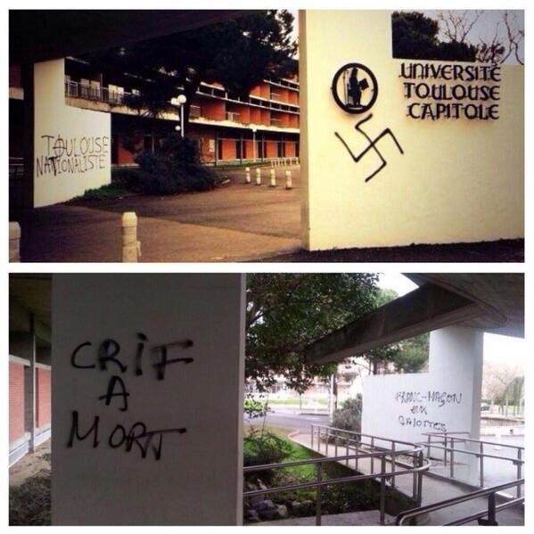 SOS_Racisme's tweet photo. Nous condamnons les tags antisémites néonazis et homophobes sur plusieurs bâtiments de la ville de Toulouse
#çasuffit http://t.co/ttGPXnV63C