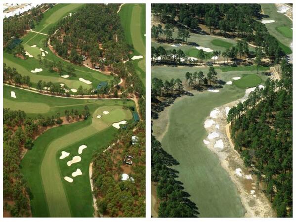 Stunning as you look from above on the 7th hole of No. 2 <a href="/PinehurstResort/">Pinehurst Resort</a>, 2005 Open at left and as it looks now (R).