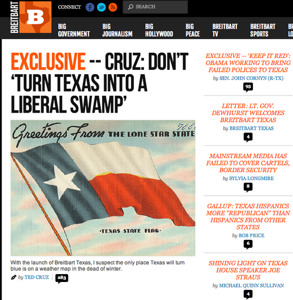 Breitbart News (@breitbartnews) on Twitter photo Writing for <a href="/BreitbartTexas/">BreitbartTexas</a>, <a href="/SenTedCruz/">Senator Ted Cruz</a>: DON’T ‘TURN TEXAS INTO A LIBERAL SWAMP’ ... breitbart.com/Breitbart-Texa… Writing for <a href="/BreitbartTexas/">BreitbartTexas</a>, <a href="/SenTedCruz/">Senator Ted Cruz</a>: DON’T ‘TURN TEXAS INTO A LIBERAL SWAMP’ ... breitbart.com/Breitbart-Texa…