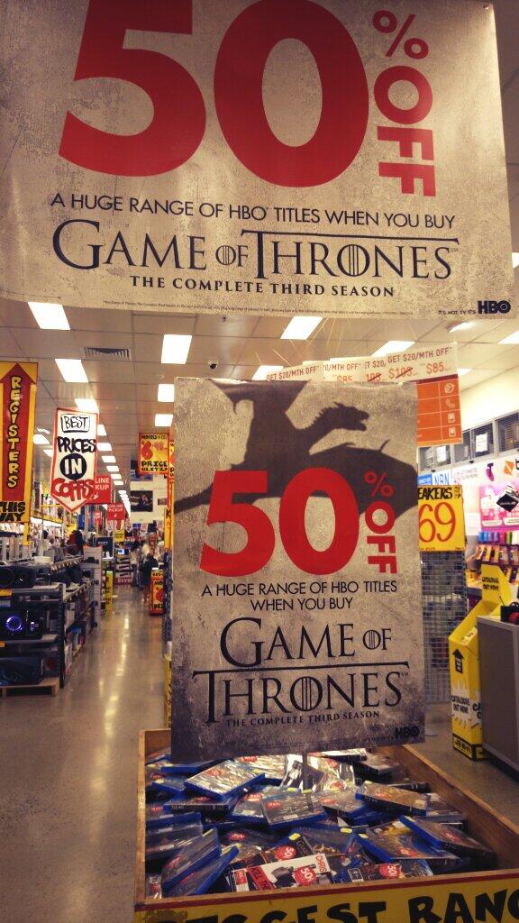 ttrrev's tweet photo. Buy @GameOfThrones season 3 @jbhifi @JBCoffsHarbour &amp; get 50% OFF stickered @HBOAU stock! Limited Time Only! http://t.co/bRibDv28I6