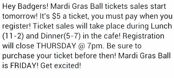 Mardi Gras Ball Ticket Sales start tomorrow!