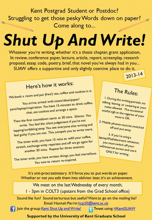 HCPerrin's tweet photo. Suffering from procrastinitis? Join us! @UniKentStaff @frootle @SSPSSR @SSPSSRPostgrads #KentSUAW #ShutUpAndWrite http://t.co/K2GMXiHwwR
