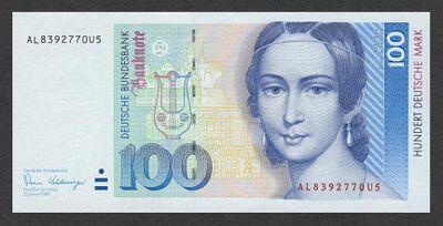 貨幣/紙幣の音楽家】クララ・シューマン/100ドイツマルク(ドイツ)