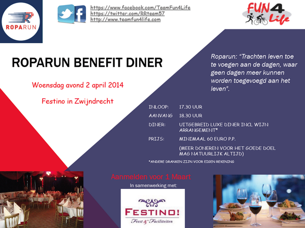 #roparun #benefietdiner #team57 op woensdag 2 april 2014. Meld je nu aan!