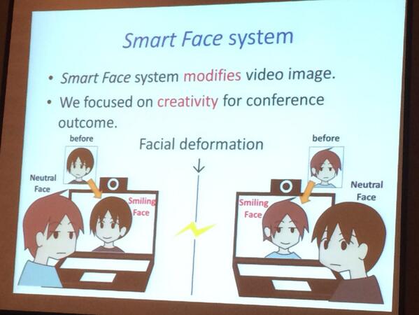 narumin's tweet image. #cscw2014 に来ています。我々の発表はSmartFaceという、skypeのような遠隔会議環境で相手の表情を笑顔に変えて見せると創造性があがるよというシステムについてです。知性のAR/AHに挑戦！