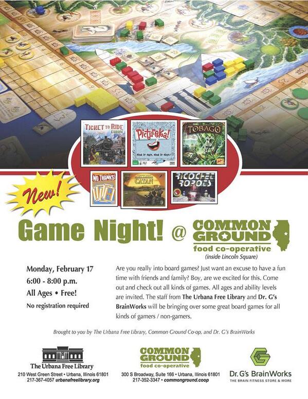 Join @UrbanaLibrary and Dr. G's Brainworks in CGFC's classroom tonight for a fun game night from 6-8pm!
