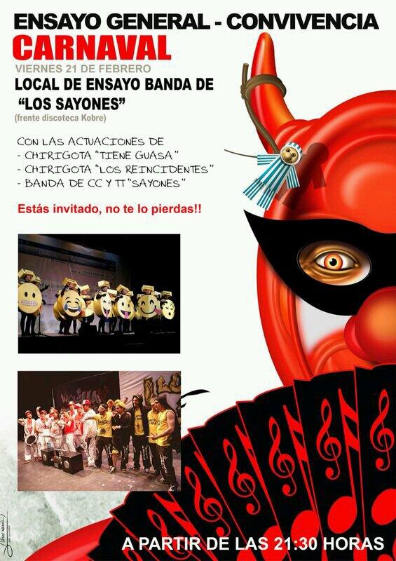 BandaSayones's tweet photo. Nos complace invitarles este Viernes,a pasar una gran noche de convivencia junto a @AgrupLosBatalli @Chirig_El_Grifo! http://t.co/IfYGWIyvw9