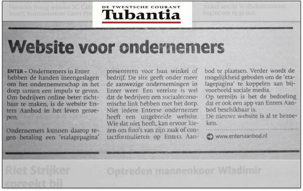 Entersaanbodnl's tweet image. Heel leuk en attent van dagblad Tubantia om een artikel over ondernemend Enter te plaatsen!