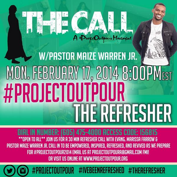 ProjectOutpour's tweet image. RIGHT NOW!!! Join Elder @marissafarrow and Pastor @maizewarrenjr!!! Call in!!!! #TheRefresher #ProjectOutpour