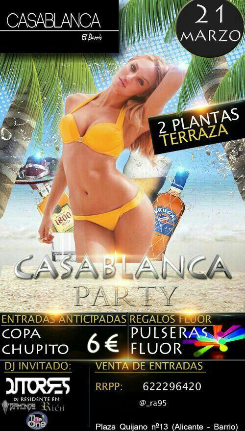 ALCFIESTA's tweet image. !CasablancaParty! 
Viernes 21 de MARZO🔹 
Fiesta con: 
-Regalos fluor
-Copa
-Chupito 
!! Solo 6€ !!