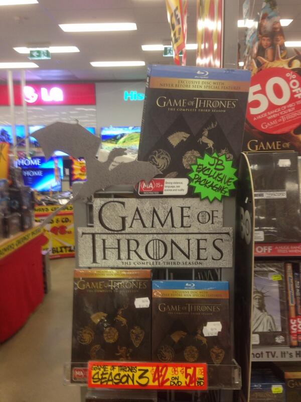 DaleD_JBAus's tweet photo. SEVEN HELLS!! 50% off huge range of @hbo titles when you buy @GameOfThrones seas 3 @JBFrankston #redwedding http://t.co/oCDOZmpqWf