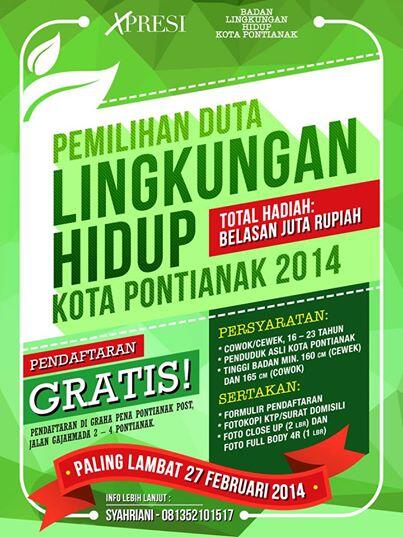 pontianakite's tweet photo. Pendaftaran Duta Lingkungan Hidup Kota Pontianak 2014 telah dibuka hingga 27 Februari 2014 http://t.co/O3jr2qIiOf http://t.co/DilLLRxpfK