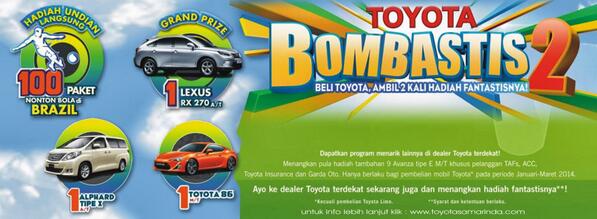 AstraToyota's tweet photo. TOYOTA BOMBASTIS..
Januari-Maret 2014. Beli mobil dapat mobil. order yuk 081399177677 http://t.co/MaQvSdqaYc