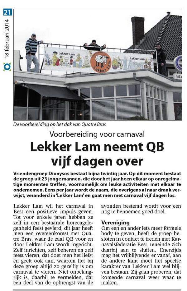 Mooi artikel in het <a href="/GroeiendBest/">GroeiendBest</a> over <a href="/LekkerLam/">Lekker Lam</a> en de samenwerking met <a href="/QuatreBrasBest/">Quatre Bras</a> tijdens #Carnaval 2014