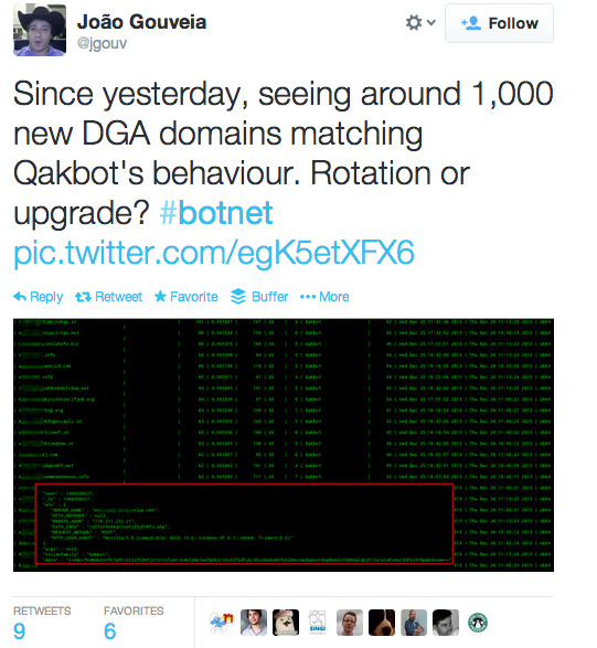 anubisnetworks's tweet photo. @AnubisNetworks has detected #Qakbot comeback via its #cyberfeed. #Botnet has infected 20,000 http://t.co/innvnbVsiC http://t.co/2als5StYtG