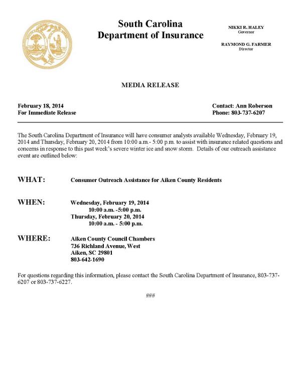 scdoi's tweet photo. MEDIA RELEASE- Consumer Outreach Assistance for Aiken County Residents http://t.co/z3veFWX96y