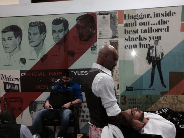 lyonsden215's tweet image. Stop on by the Haggar Slacks booth at Project Show for  a shave and a shine! #slacksareback
